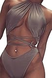 Kisscy Women's Deep V Neck Crisscross Bandage Two Pieces Monokini Swimsuit