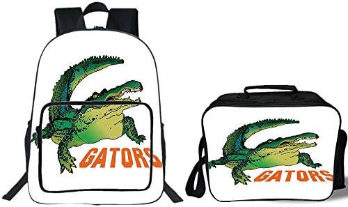 19" School Backpack & Lunch Bag Bundle,Reptiles,Grumpy Alligator Has a Word Gator Crocodile Humor Wild Life Safari Aquatic Print,Green Orange White,for Boys Girls