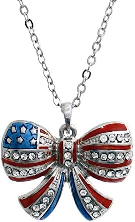 Patriotic American Flag Bow Pendant Necklace w/ Crystal Accents, in Gift Box