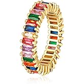 Rainbow Square Baguette Zircon Engagement Ring Colorful Cubic Zirconia Stackable Eternity Band Ring Gold Filled Copper Geometric Thin Line Multicolor Pava CZ Finger Ring for Women Girl Party Jewelry