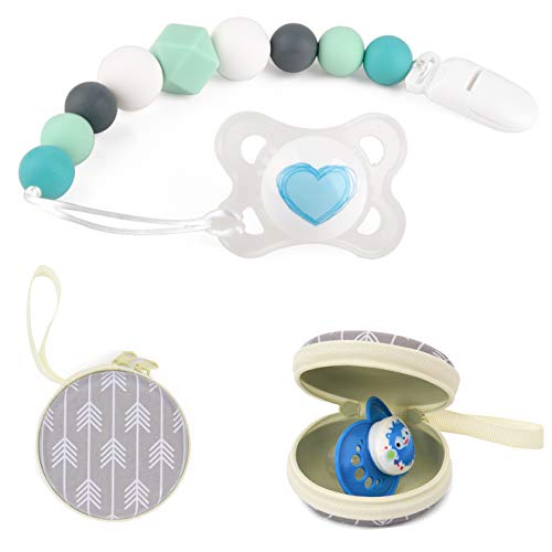 Silicone Pacifier Clip by Dodo Babies Pack of 2 + Pacifier Case, Premium Quality Modern Designs Universal Holder Leash for Boys and Girls, Teething Toy or Soothie, Baby Shower Gift Set