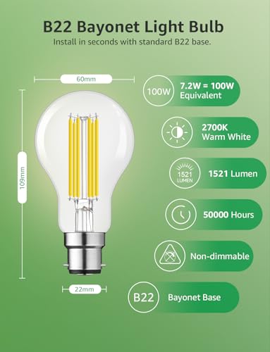 Lepro B22 Bayonet Light Bulb, A-Rated Ultra-efficient LED Bulb, 7.2W = 100W, 1521lm, 2700K Warm White, 50000H Lifespan, Clear Filament, Vintage Glass, Non-dimmable, Pack of 4