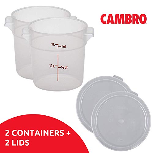 Cambro 1 Quart Round Food Storage Containers, Translucent with Lids Bundle (2 Containers, 2 Lids