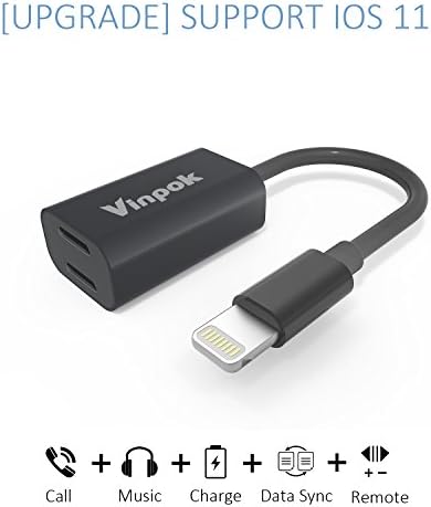 Dual Lightning Adapter &amp; Splitter for iPhone 7 / 7 Plus/8, Vinpok Lightning Splitter Audio + Charge and Sync Data Compatible for iOS 9.3.3-11.0.3 (Black)