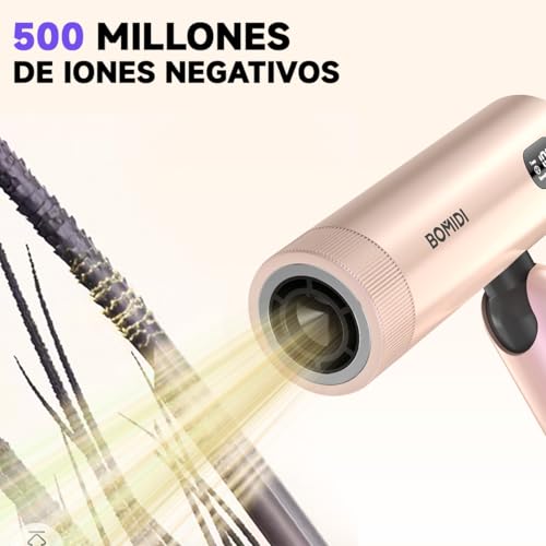 Secadora de Cabello, Bomidi Secador de Pelo Plegable Alta Velocidad Profesional, 100000RPM con ionico de 500M Y Pantalla LED Y Modo Autolimpieza,110-240V, Ideal para Cabello Liso y Ondulado HD08