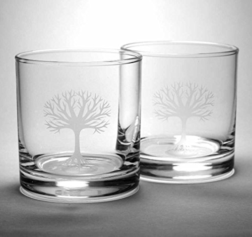 TREE Lowball Glasses set of 2 - Dishwasher-safe etched whiskey glass