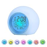 BZ Alarm Clock for Kids, 7 Colors Changing, LED Digital, Round, Battery, Temperature Detect, One Tap Control, Alarm Setting, Snooze, 12/24 H, for Kids, Home, Office (Blue)