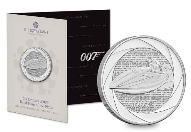 CrawleyCoins 2024 Six Decades of James Bond 007 – 1990 £5 Brilliant Uncirculated Coin in Mint Pack