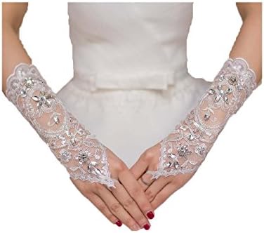 Hdress White Bridal Gloves Rhinestone Bride Fingerless Lace Wedding Gloves (Ivory)