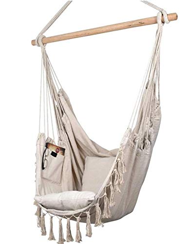 Hängesessel Beige, Hängestuhl, 2 Sitzkissen & Buchtasche inkl. Befestigungsset für Indoor & Outdoor 150kg (Beige), Hänge…