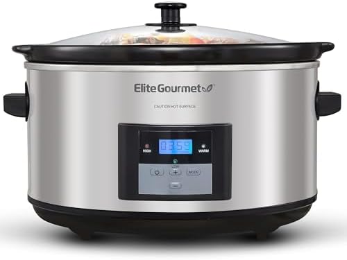 Elite Gourmet MST-900D 8.5Qt Digital Programmable XL Jumbo Slow Cooker, Adjustable Temp, Entrees, Sauces, Stews & Dips, Dishwasher Safe Glass Lid & Crock, Stainless Steel