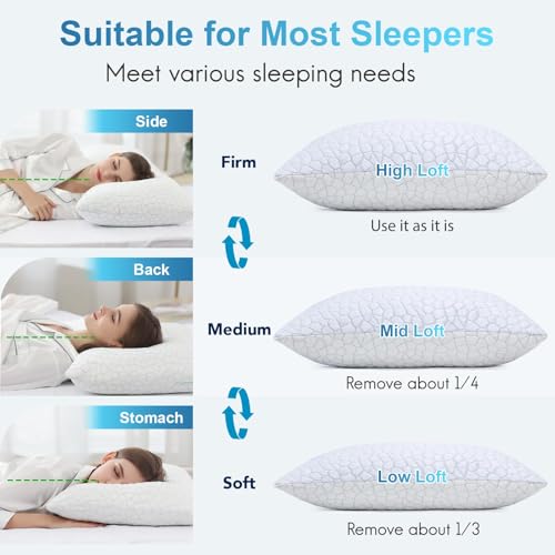 Cooling Memory Foam Pillows Queen Size Set of 2, Adjustable Shredded Foam Bed Pillows for Sleeping, Soft Support Pillows for Side & Back Sleepers with Breathable Dual-Sided Bamboo & Cooling Fabric