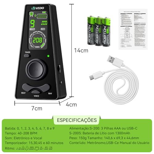 Metrônomo digital VEDO com temporizador, contagem vocal em inglês, operação um toque e display colorido fácil leitura Metrônomo eletrônico com controle volume para piano, guitarra, bateria e violino