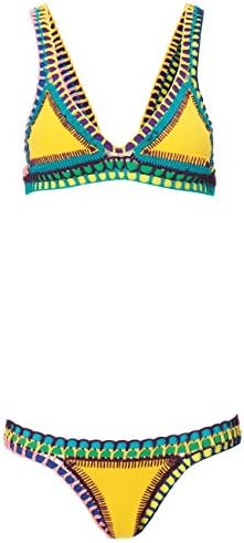 MOMOKI Sexy hand crochet color bikini suit color matching triangle swimming trunks knitting beach bathing suit ((US 4-6)M, Yellow)