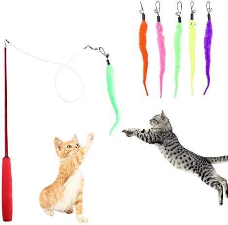 Cat Wand Toys, Interactive Cats Toys for Indoor Cats Adult, Cat Teaser Wand With 5pcs Refills Worm for Adult and Kittens Indoor Interactive Catcher Chase Jump