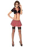 Amoretu Womens Sexy Lingerie School Girl Costume Plaid Skirt Front Tie Top Dark ,Red-Black,Small