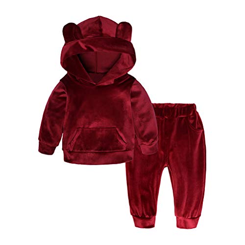 Voberry@ Toddler Kids Baby Boy Girls Long Sleeve Hoodie Top Pants Velvet Outfit Set Fall Winter (2-3 Years, Red)