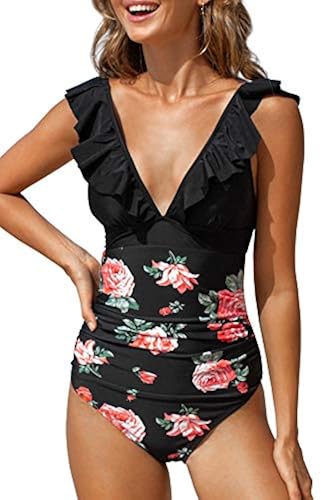 CUPSHE Women's One Piece Swimsuit Ruffle Floral V Neck Lace Up