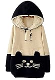 Woman Girls Kawaii Cat Face Tail Hoodie with Cute Hat Fleece Sweater Shirt, White, Large
