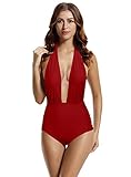 zeraca Women's Vintage Deep Plunge Backless High Waisted One Piece Swimsuit Bathing Suit (M10, Dark Red)