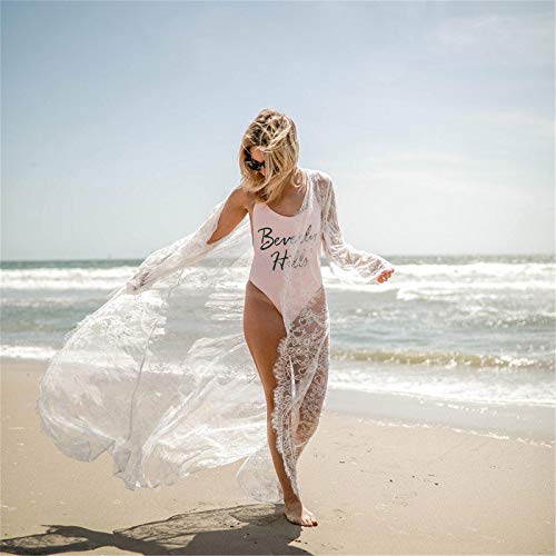 CofeeMO Women's Sheer Lace Maxi Cardigan Beach Cover Ups,Flare Sleeve Airy Sexy Summer Tops Shawls(White,L)