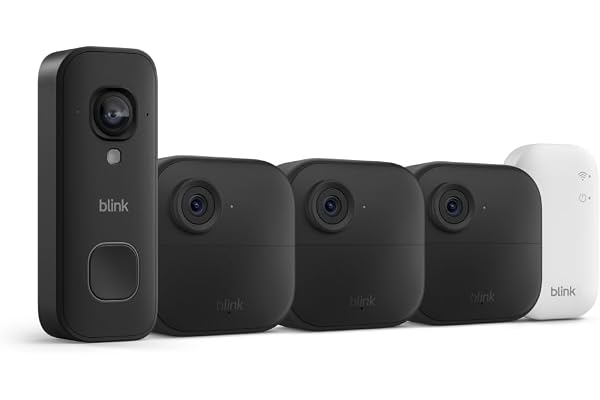 Blink Outdoor 4 and Wired Doorbell 2K+ (newest model) â€” Two-year battery 1080p cameras and 2K hardwired doorbell. Sync Module Core included â€” 3 Cameras + Doorbell (Black)