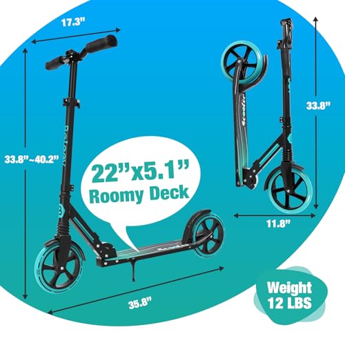 BELEEV Scooter for Kids Ages 6+, 200mm Big Wheel Adult Scooters for Boys and Girls, 4 Adjustable Handlebar, Front Suspension, 2 Wheels Scooter with Carry Strap, up to 100Kg