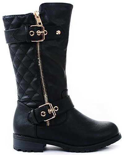 JJF Shoes Kids Girls Mango21 Black Dual Buckle/Zipper Quilted Mid Calf Motorcycle Boots-1