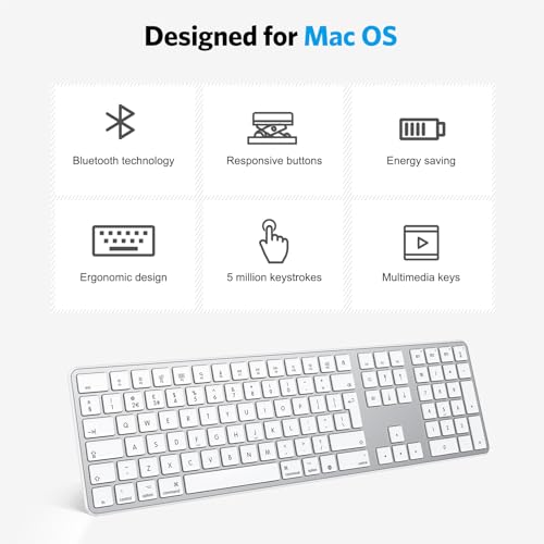 OMOTON Wireless Bluetooth Keyboard for Mac (MacBook Air/Pro/iMac/iMac Pro), Rechargeable Keyboard to Multi Devices, Silent Slim, with 3 Bluetooth channels for MacOS, QWERTY UK