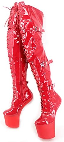 Women High Leg Boots Lace up Extreme High Heel Horse Stallion Hoof Sole Over Knee Boots Thigh High Boots