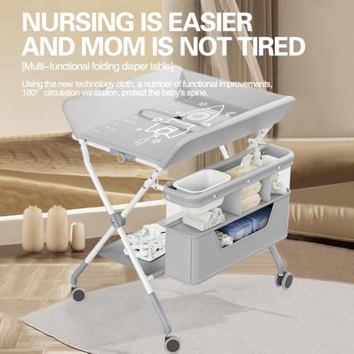 DMG TECH Portable Baby Changing Table, Folding Baby Changing Table, Infant Care Station with Double Layer Storage Basket, Adjustable Height, Mobile Nursery Organizer for Newborn Infant (Grey)