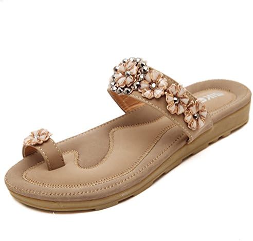 Noebo Women's Leather Rivet Flowers Flat Sandals Slide Sandles Beige 39 8 D(M) US