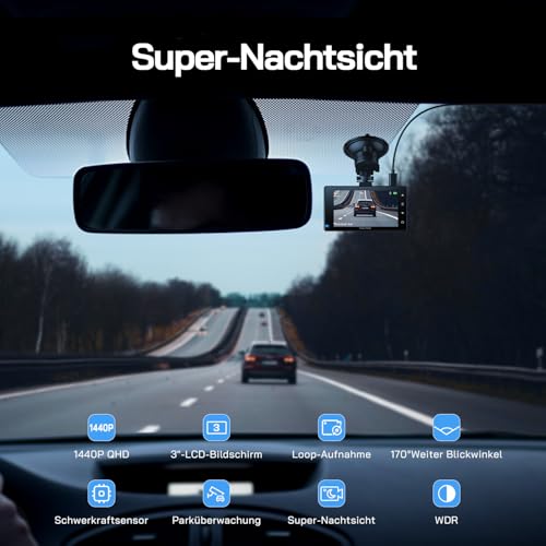 Dashcam Auto Vorne Hinten 2,5K+1080P Auto Kamera, Ultra Nachtsicht, 170°Weitwinkel, WDR, 24 Std. Parkmodus, G-Sensor, Loop-Aufnahme