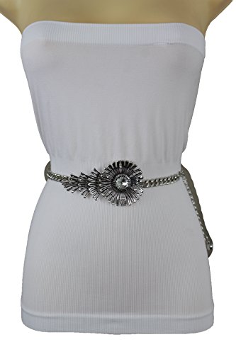 TFJ Women Narrow Belt Hip High Waist Silver Metal Chains Long Bling 3D Flower Buckle M L XL