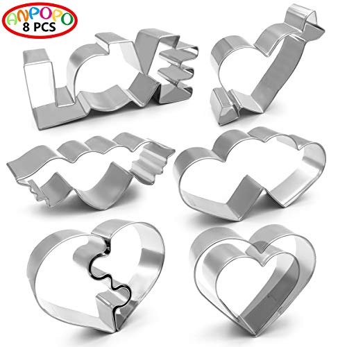 ANPOPO Wedding Cookie Cutter Set for Anniversary/Bridal/Engagement/Valentine - 8 Piece Different Heart ShapeÂ  - Double Hearts, Love, Puzzle Heart, Arrow heart, Wing Heart and 2 Hearts