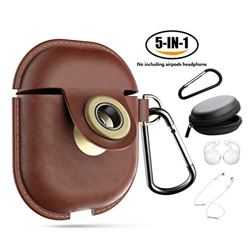 AirPods Case Leather, AirPods Cover Accessories Keychain Protect Waterproof Retro Cases Compatible Apple AirPods (Brown)