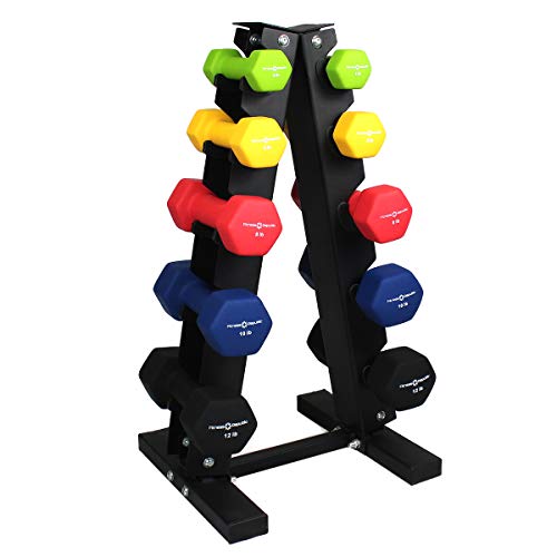 Fitness Republic Solid Steel Dumbbell Rack Holder, A-Frame Dumbbell Storage Racks, Free weights stand for home gym exercise, Neoprene Dumbbells Pairs (3lb, 5lb, 8lb, 10lb, 12lb) with 5 Tier Rack Combo