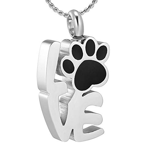 Imrsanl Love Shape Cremation Jewelry for Ashes Pet Paw Print Memorial Jewelry Stainless Steel Ashes Urn for Dog Cat Keepsake Necklace (Silver)