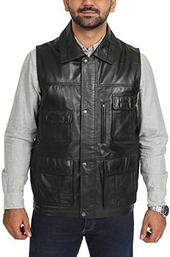 Mens Real Leather Waistcoat Gilet Multi Pocket Hunter Fishing Hiking Vest Roger Black
