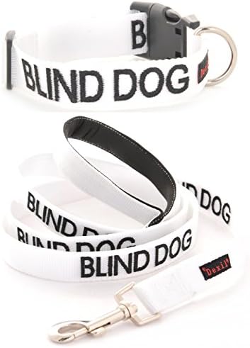 BLIND DOG White Color Coded Alert Warning L-XL S-M Buckle Dog Collar and 2 4 6 Foot Padded Leash Sets (No/Limited Sight) PREVENTS Accidents By Warning Others of Your Dog in Advance (S-M Collar + 6 Foot Leash)
