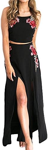 Amysister Women's Strappy Lace up Applique High Slit Two Piece Bodycon Maxi Dress