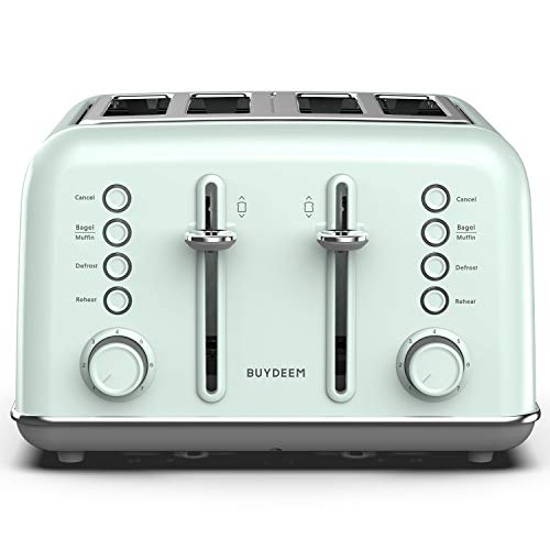 BUYDEEM DT640 4-Slice Toaster, Extra Wide Slots, Retro Stainless Steel with High Lift Lever, Bagel and Muffin Function, Removal Crumb Tray, 7-Shade Settings,Cozy Greenish