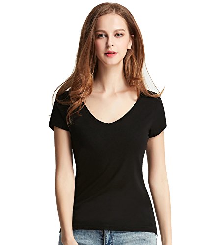Liang Rou Women's Mini-Ribbed Stretchy Short Sleeve V-Neck Tee Black S