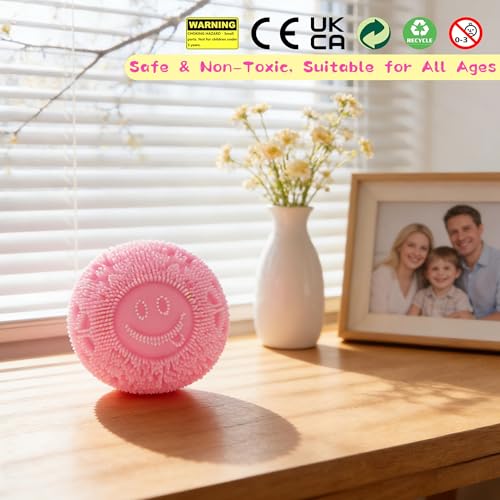Last Page® Pink Fuzz Squishy Stress Ball - Velvet Texture and Soft Cloud Squish - Fidget Toy with Smiley Face for Anxiety Relief, Sensory Play for Kids & Adults, Perfect for Office & School