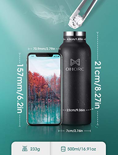 OMORC 316 Stainless Steel Water Bottle-18 oz, Vacuum Insulated Flask Bottle, Leak-proof Thermos Bottle with Straw Lid, Loop Lid,Carrying Pouch for Boys, Girls, Teens, Students, School,Sports, Camping