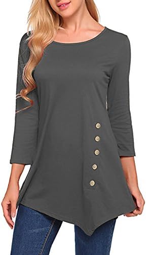DSUK Women's Crew Neck 3/4 Sleeve Casual Button Irregular Hem Loose Tunic Tops