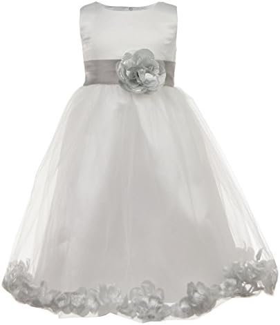 Feiying Girls' Wedding Formal Party Dresses with Flowerband and Petal Silver 12-13 Years