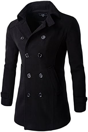 Wintie Men's Double Breasted Wool Blend Smart Pea Coat Slim Fit Trench Coat Black XL