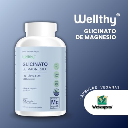Wellthy Glicinato de Magnesio 400 Cápsulas 432mg. 100% Natural, 100% Puro, Alta Absorción, Cápsulas Veganas.