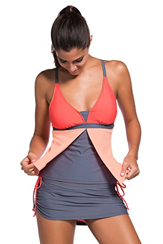 Women's Summer V-Neck Tankini Two-Piece Skirtini Swimsuits Swimwear Bikini Set Pink Orange Coral XL